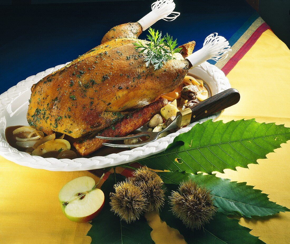 Stuffed goose with chestnuts and apples
