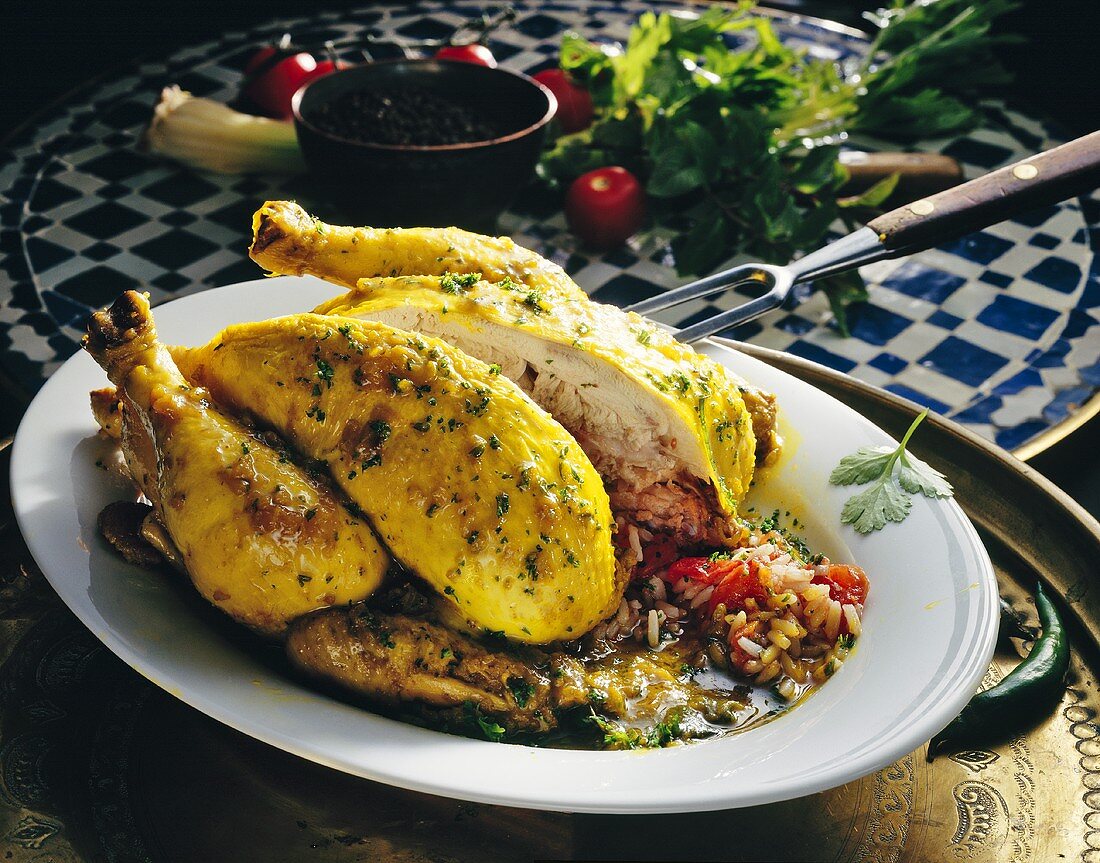 Herb chicken filled with tomato rice