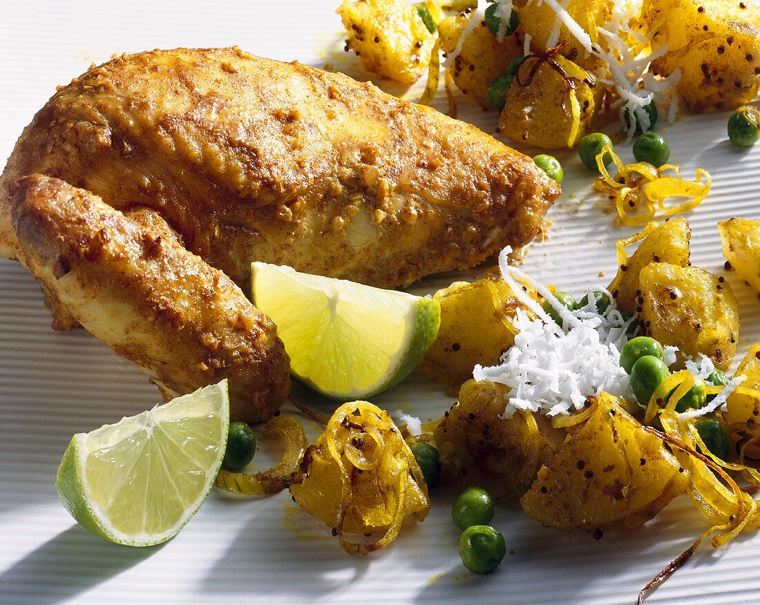 Tandoori-Hähnchen mit Kartoffelcurry und Kokos