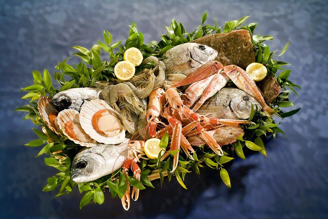 Fish and seafood in basket