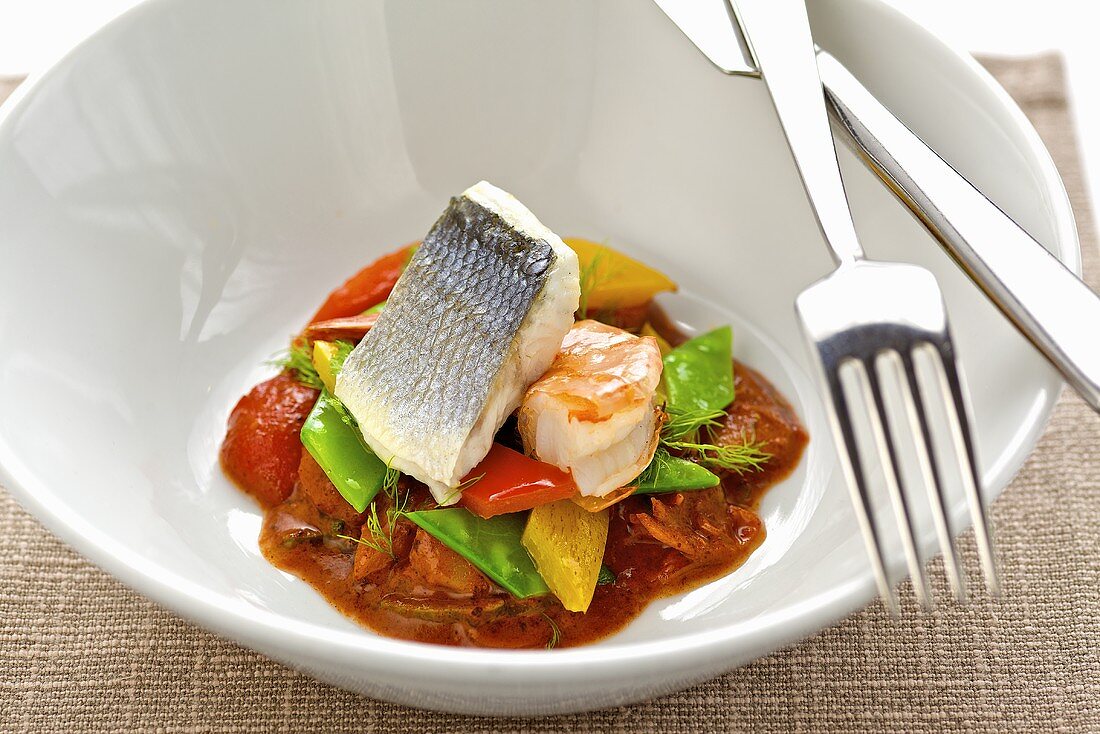 Branzino (sea bass) and prawns with vegetables (sweet and sour)