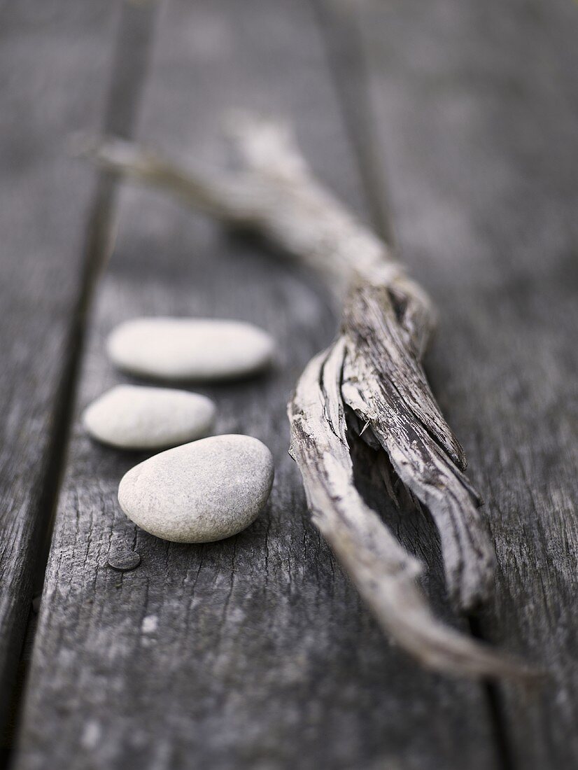 Driftwood and pebbles