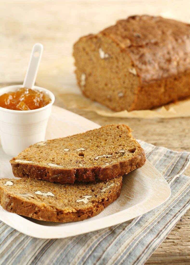 Carrot and nut loaf with apricot jam