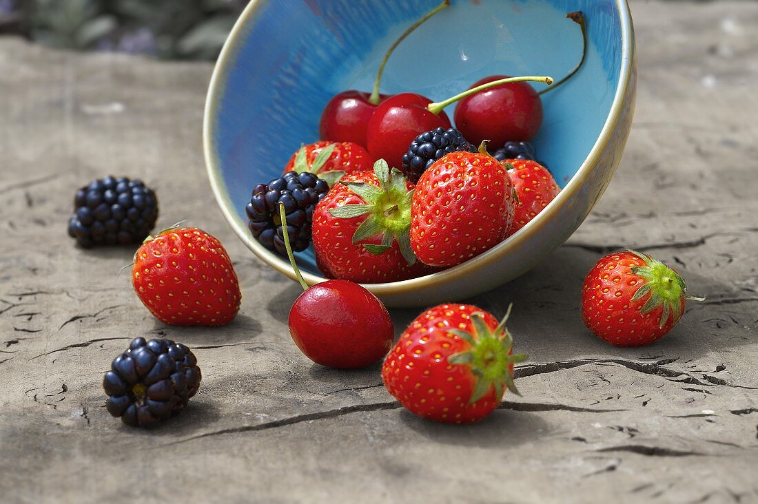 Kirschen, Brom- und Erdbeeren in und neben einer Schüssel