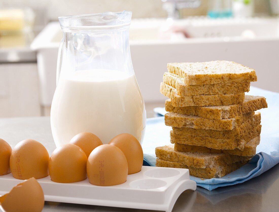 Ingredients for French toast: eggs, bread and milk