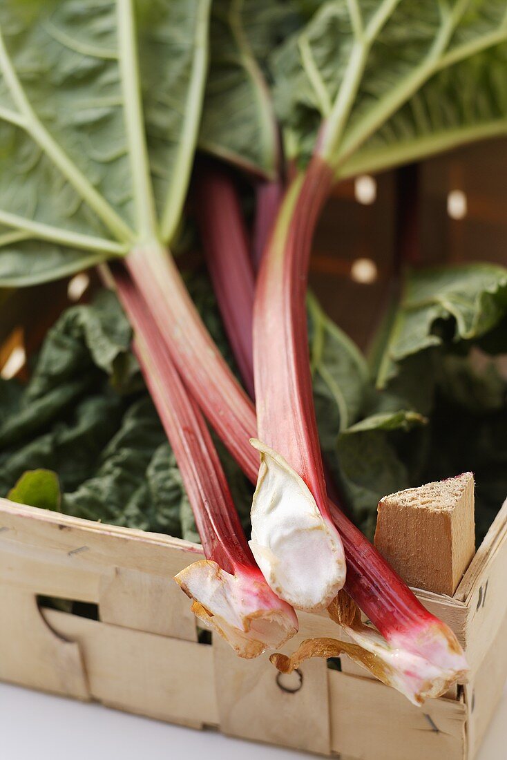 Rhubarb in a wooden crate