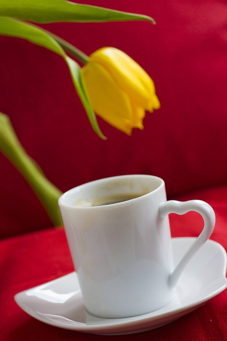 Eine Tasse Espresso mit einer Tulpe