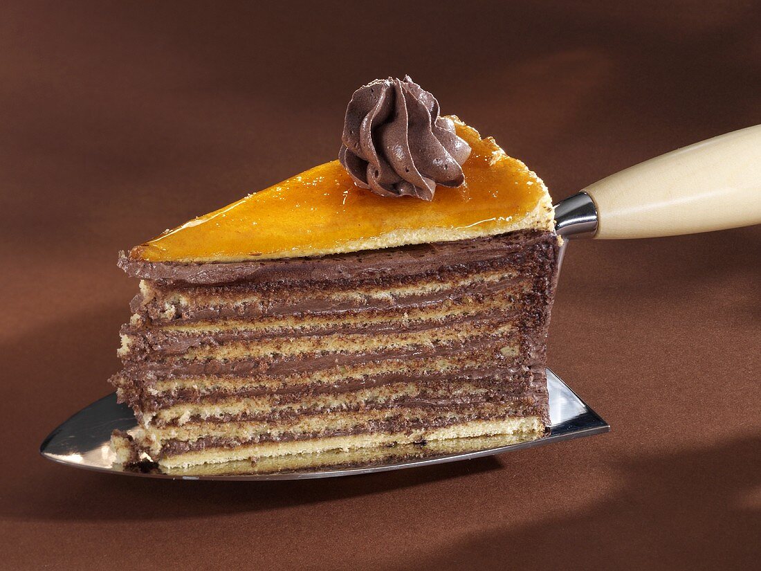 A piece of Dobos torte on a cake server