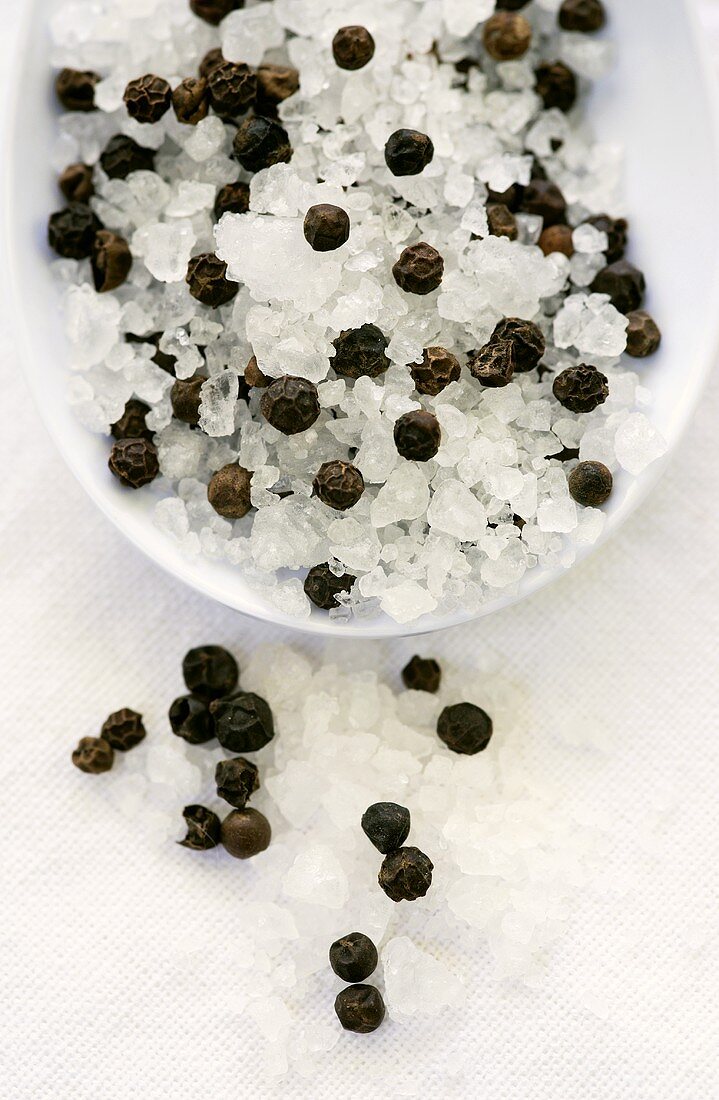 Black peppercorns with sea salt on spoon