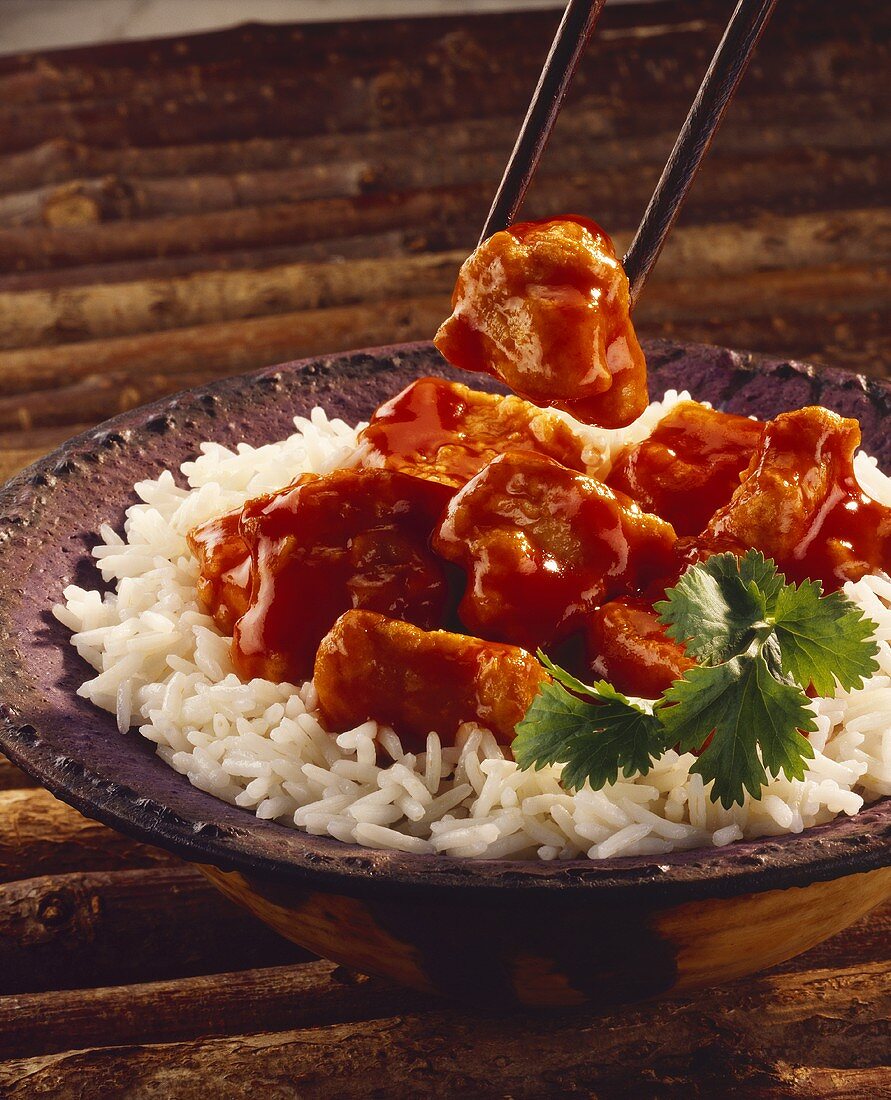 Sweet and sour chicken on a bed of rice