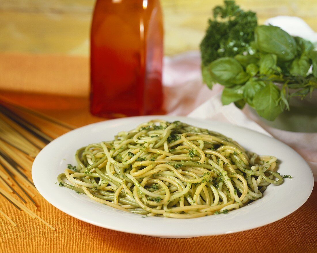 Spaghetti with a three herb sauce