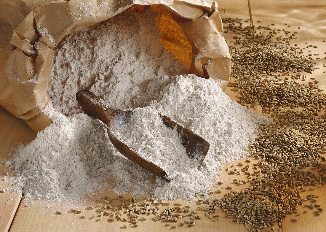 Rye flour in paper sack, scoop and grains