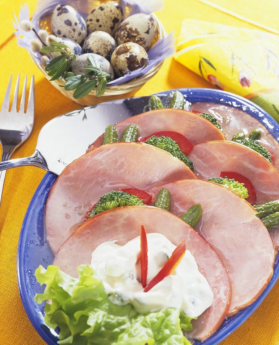 Platter of ham with vegetables & tartar sauce, quails' eggs