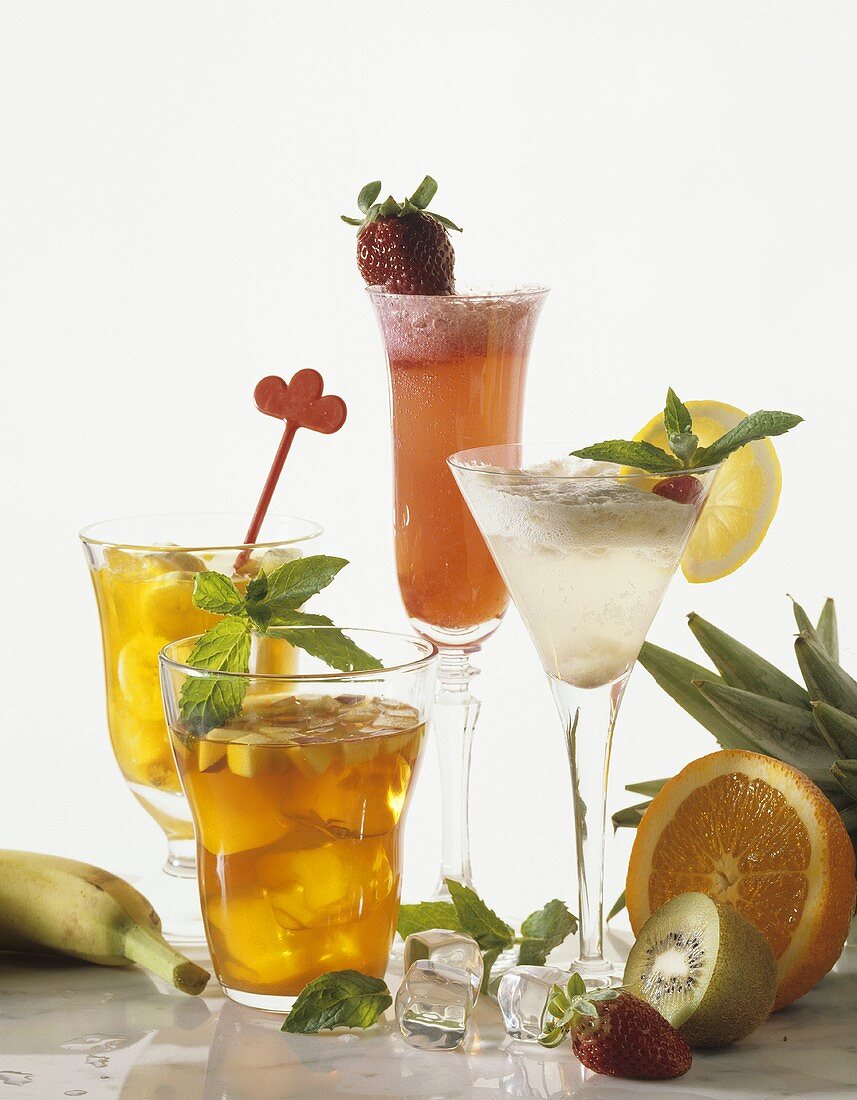 Various drinks with fruit