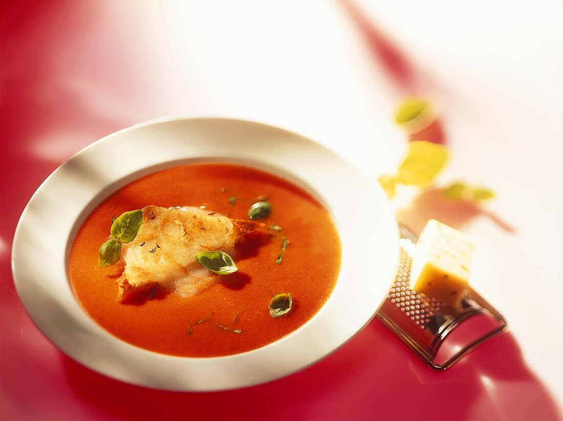 Tomatensuppe mit Käse auf Toast