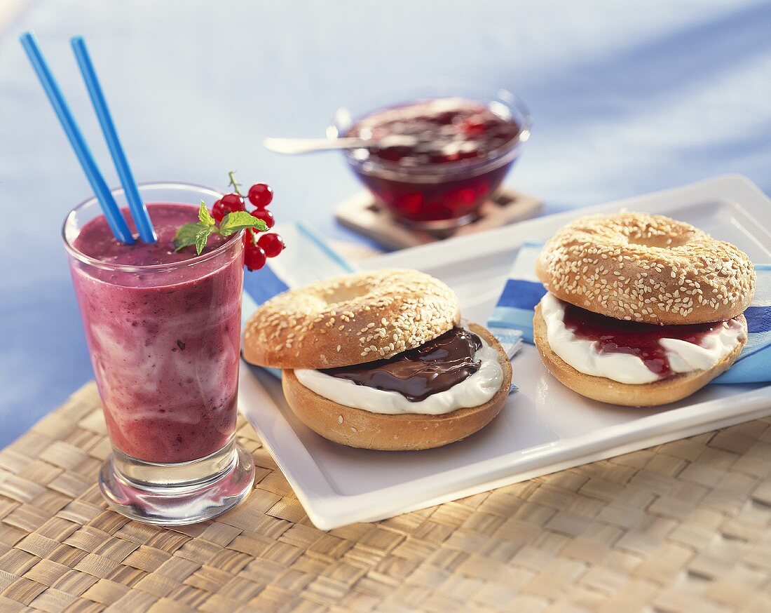 Milkshake and bagels with sweet filling for breakfast