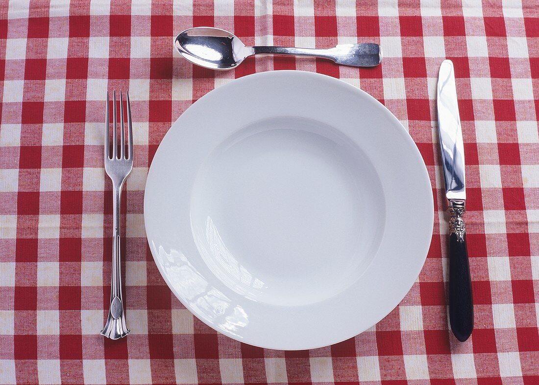 Plate, knife, fork and spoon on checked tablecloth