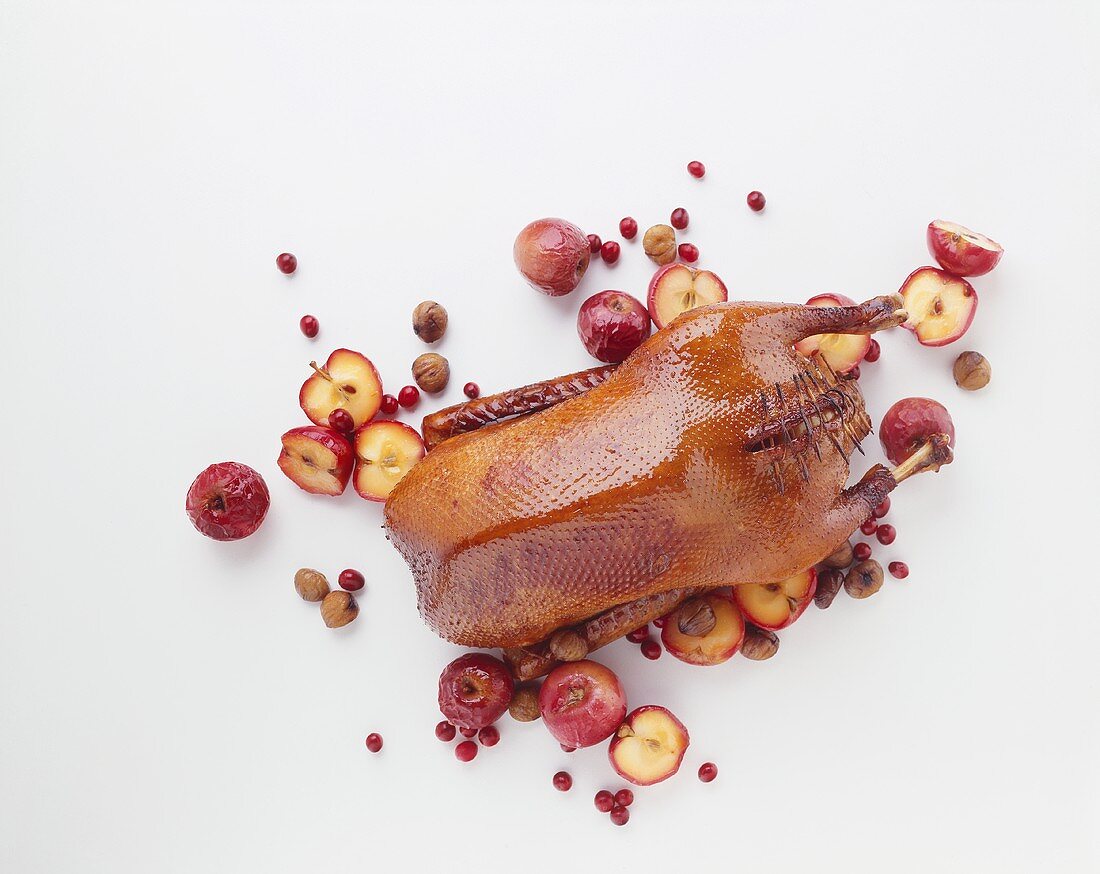 Christmas goose with apples, chestnuts and cranberries