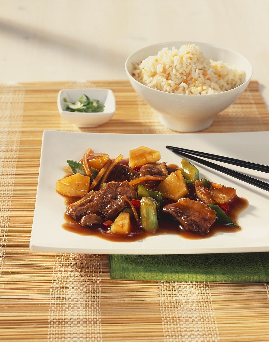 Sweet and sour beef with rice