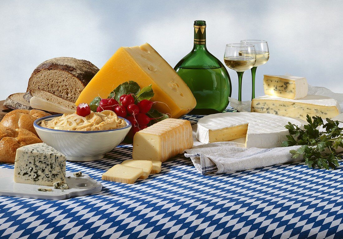 Bavarian cheeses specialities with bread and wine