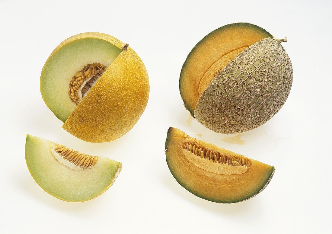 Two melons, each with a wedge removed