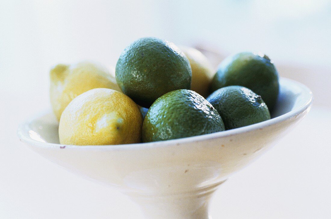 Lemons and limes in a white dish