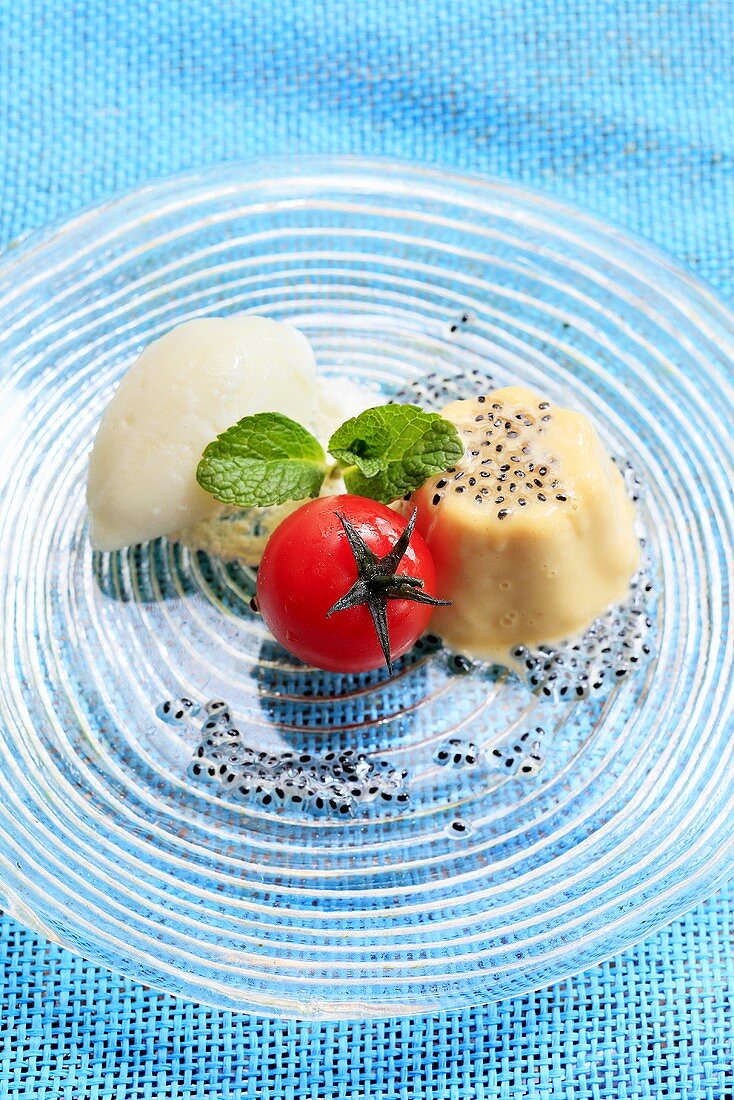 Crème bavaroise with ice cream and a tomato