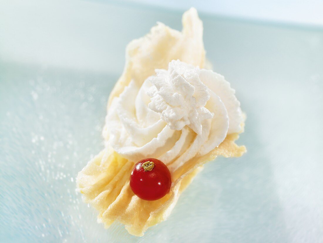 Brigidino (aniseed wafer, Tuscany) with whipped cream and redcurrants