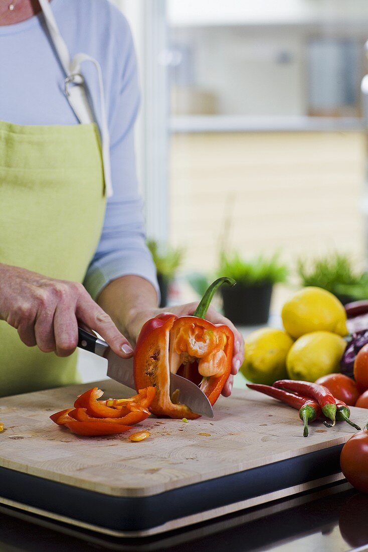 Slicing a red pepper