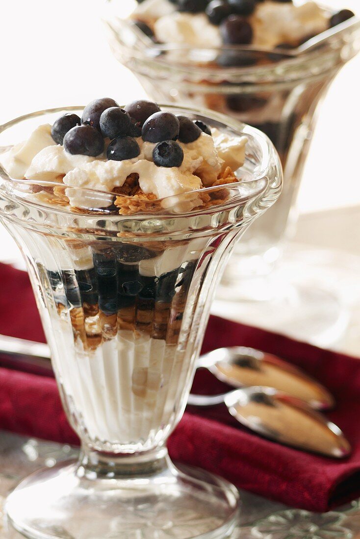 Joghurtparfait mit Cerealien und Heidelbeeren