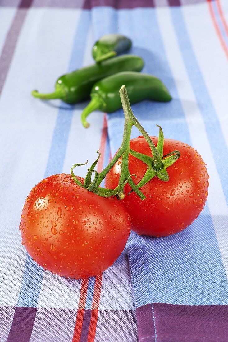 Tomaten und Jalapenos auf Geschirrtuch