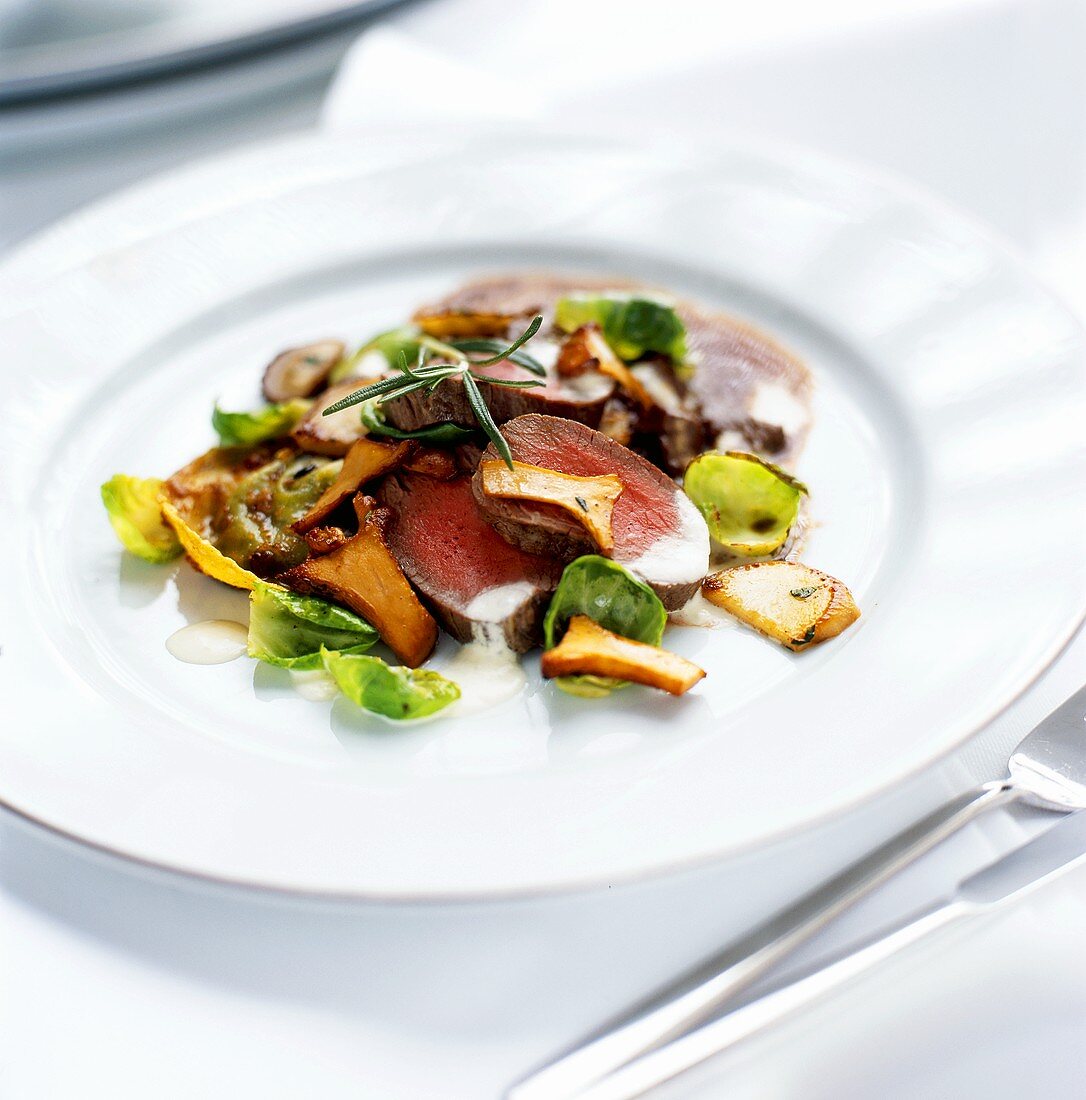 Venison fillet with sprout leaves and chanterelle mushrooms