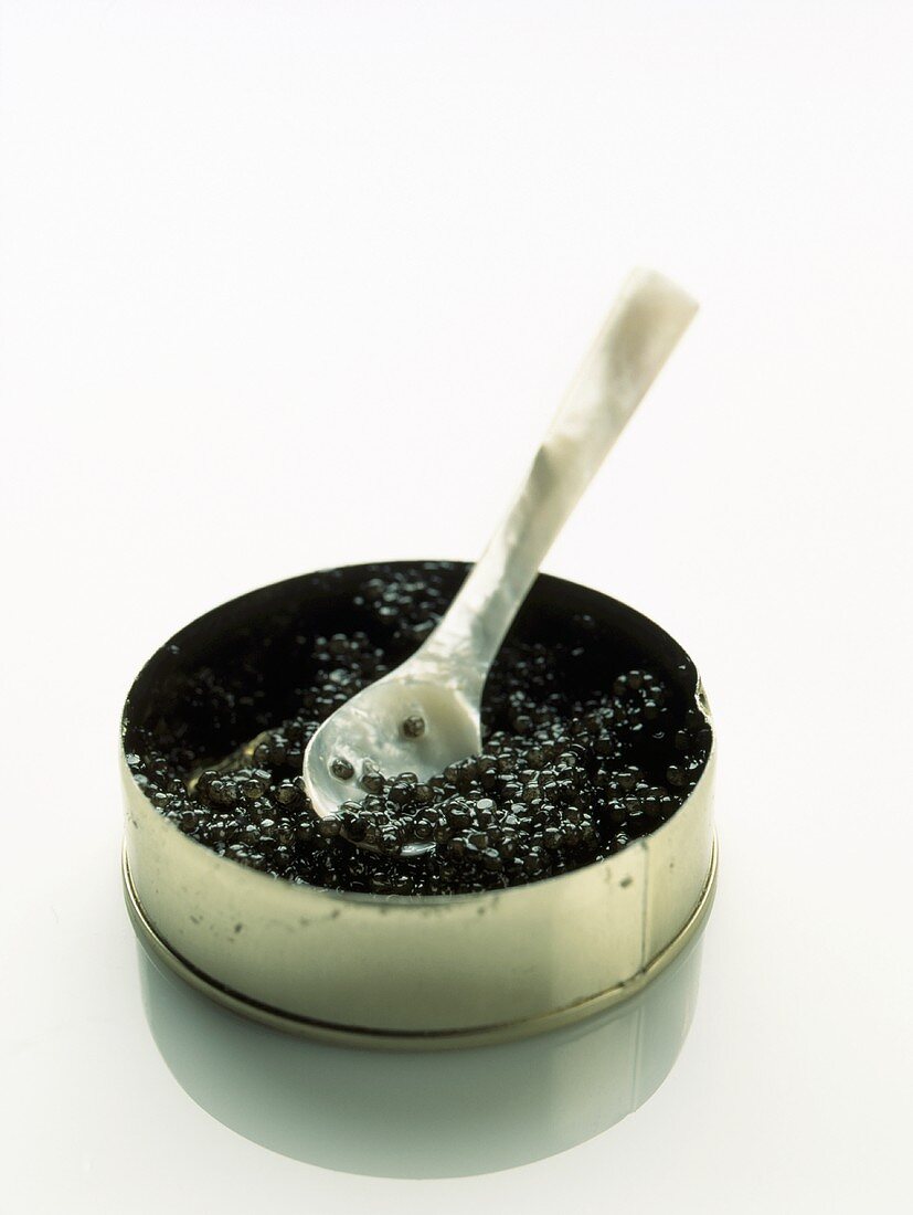 A tin of caviar with pearl spoon
