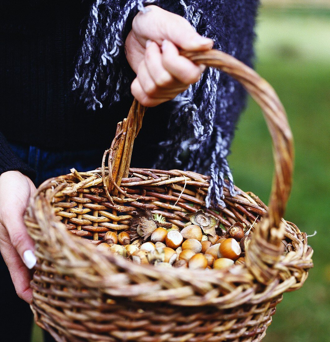 Woman holding basket of hazelnuts