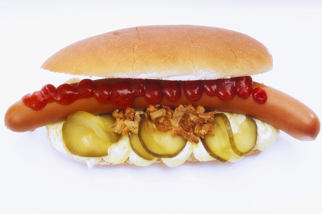 Hot dog with ketchup, mayonnaise and gherkins