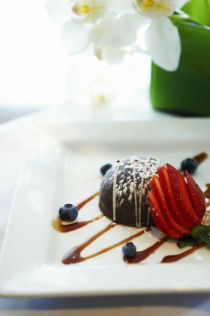 Chocolate Dessert with Strawberries and Blueberries