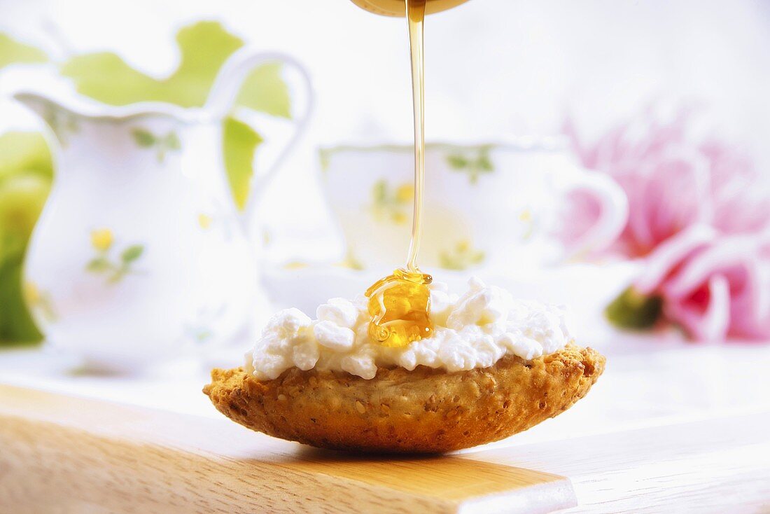 Cottage cheese and honey on crispy bread roll