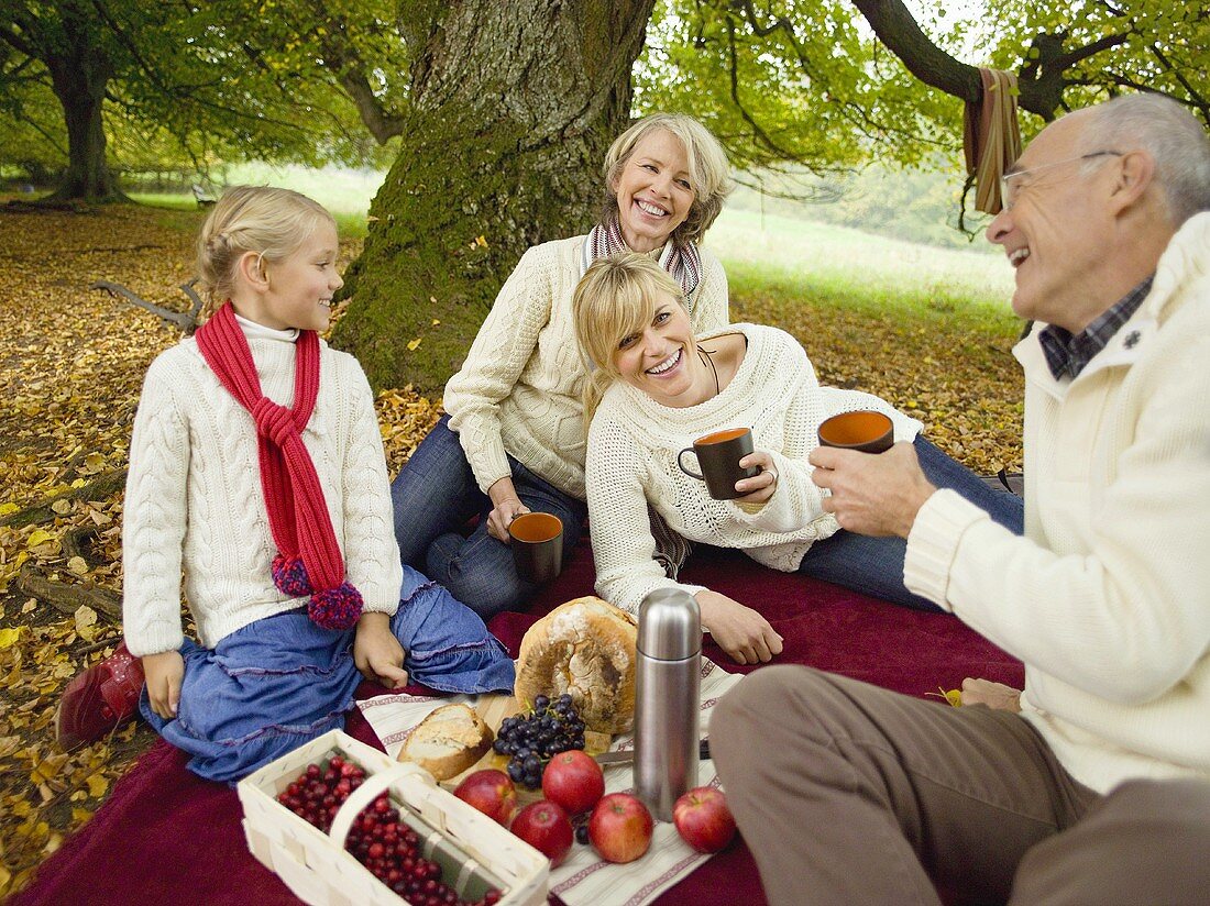Three generation family picnicking in forest