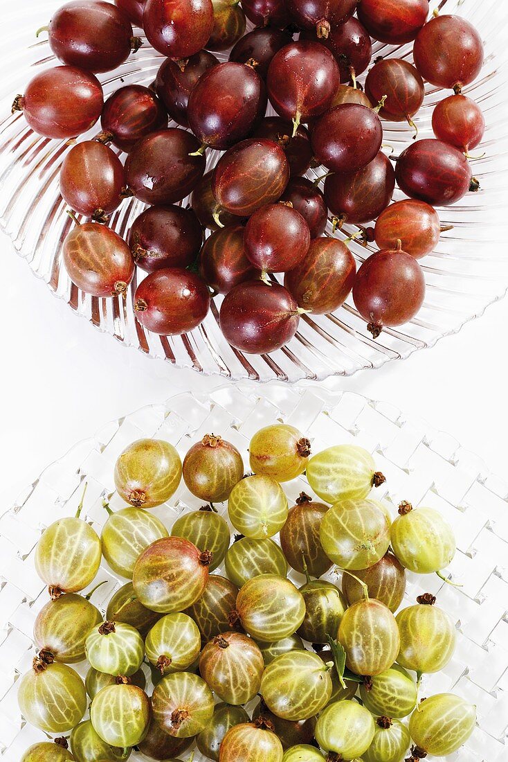 Red and green gooseberries on glass plates (overhead view)