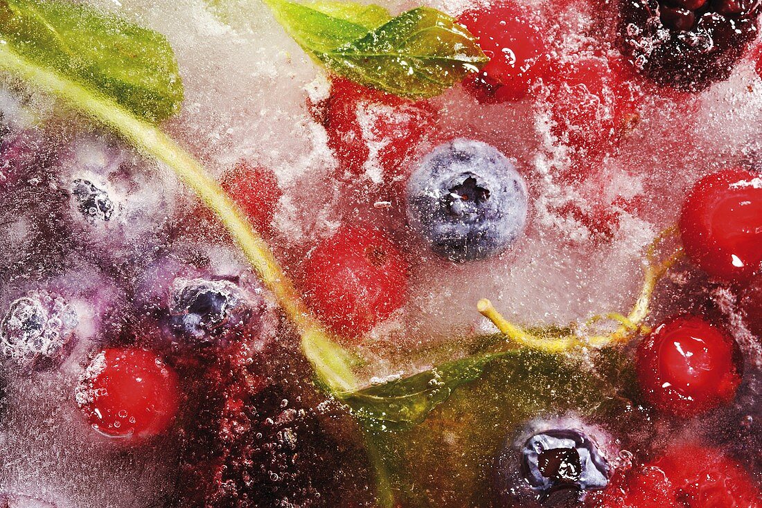 Assorted berries in block of ice