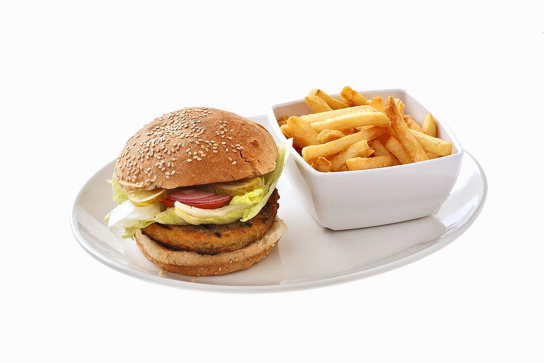 Vegetarian burger with chips