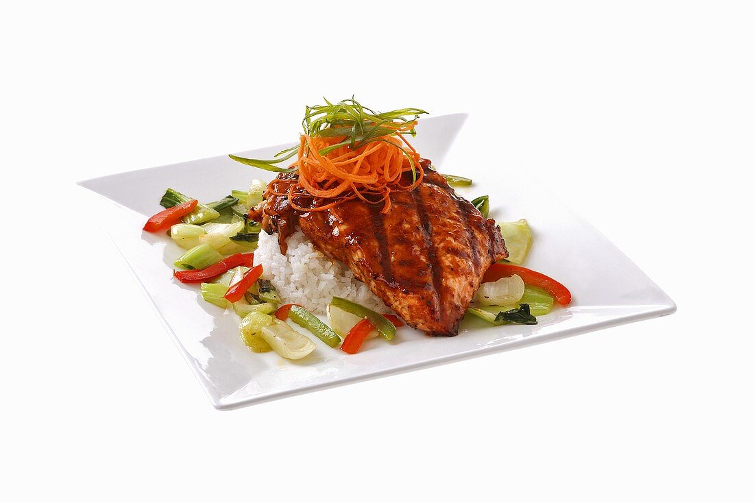 Teriyaki salmon with rice and vegetables