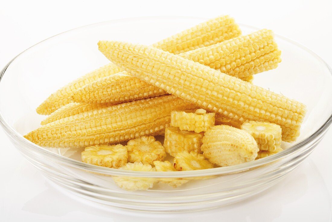 Baby corn in glass bowl