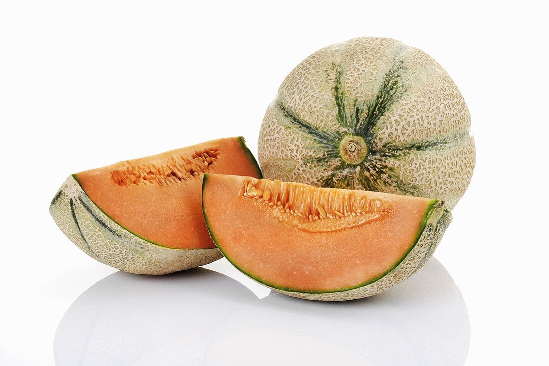 Cantaloupe melons, whole and two quarters