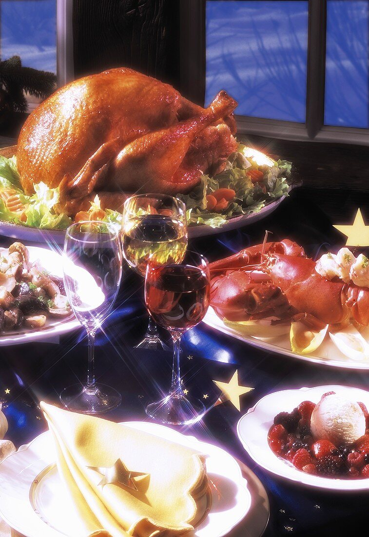 Christmas meal: turkey, lobster and ice cream dessert