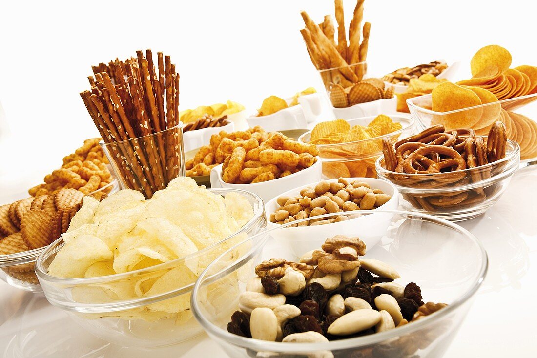 Assorted snacks (salted sticks, trail mix, crisps, crackers)