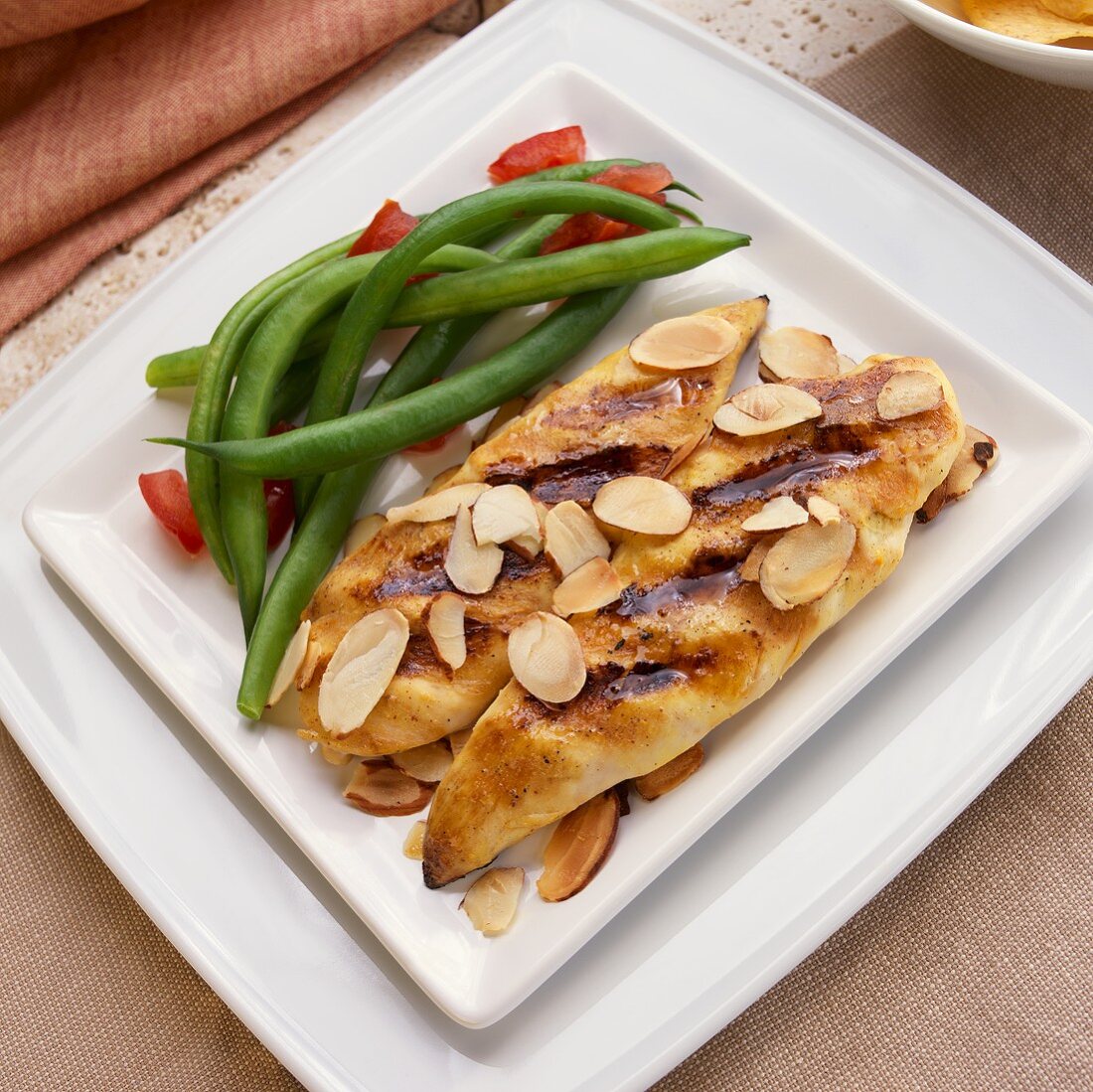Grilled Honey Mustard Chicken with Toasted Almonds; Green Beans