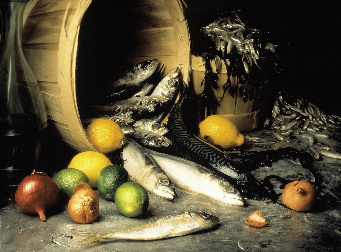 Fresh Fish Still Life with Citrus and Onions; Seaweed