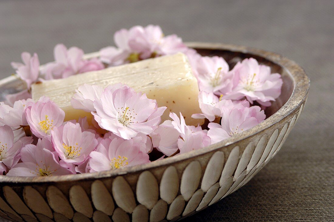 Cherry blossoms in a bowl and a bar of flavour soap, close-up