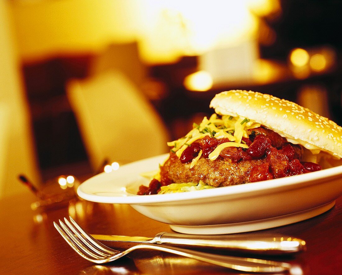 Hamburger on plate in restaurant